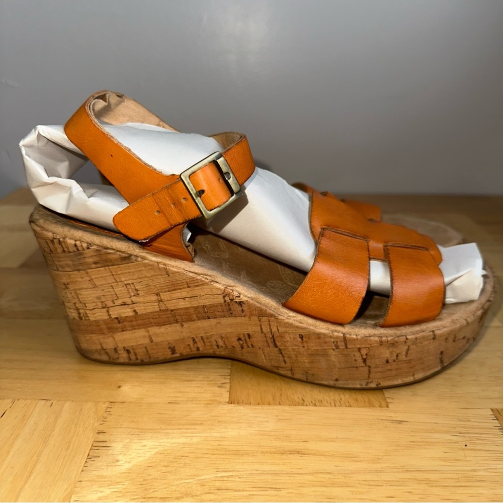 Women's Orange Leather Cork Wedge Sandals